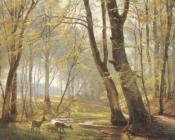 树林风景与鹿 - 卡尔·弗雷德里克·阿加德